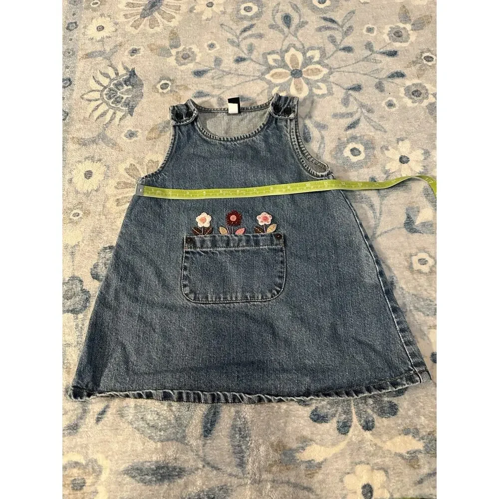 Vintage Gap Girls Blue Denim Floral Sleeveless Dress Pocket 18-24 Months